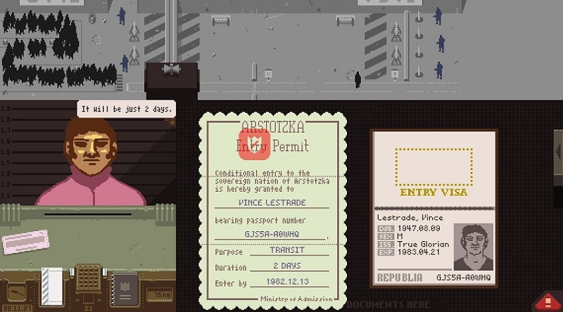 A screenshot from the game Papers, Please